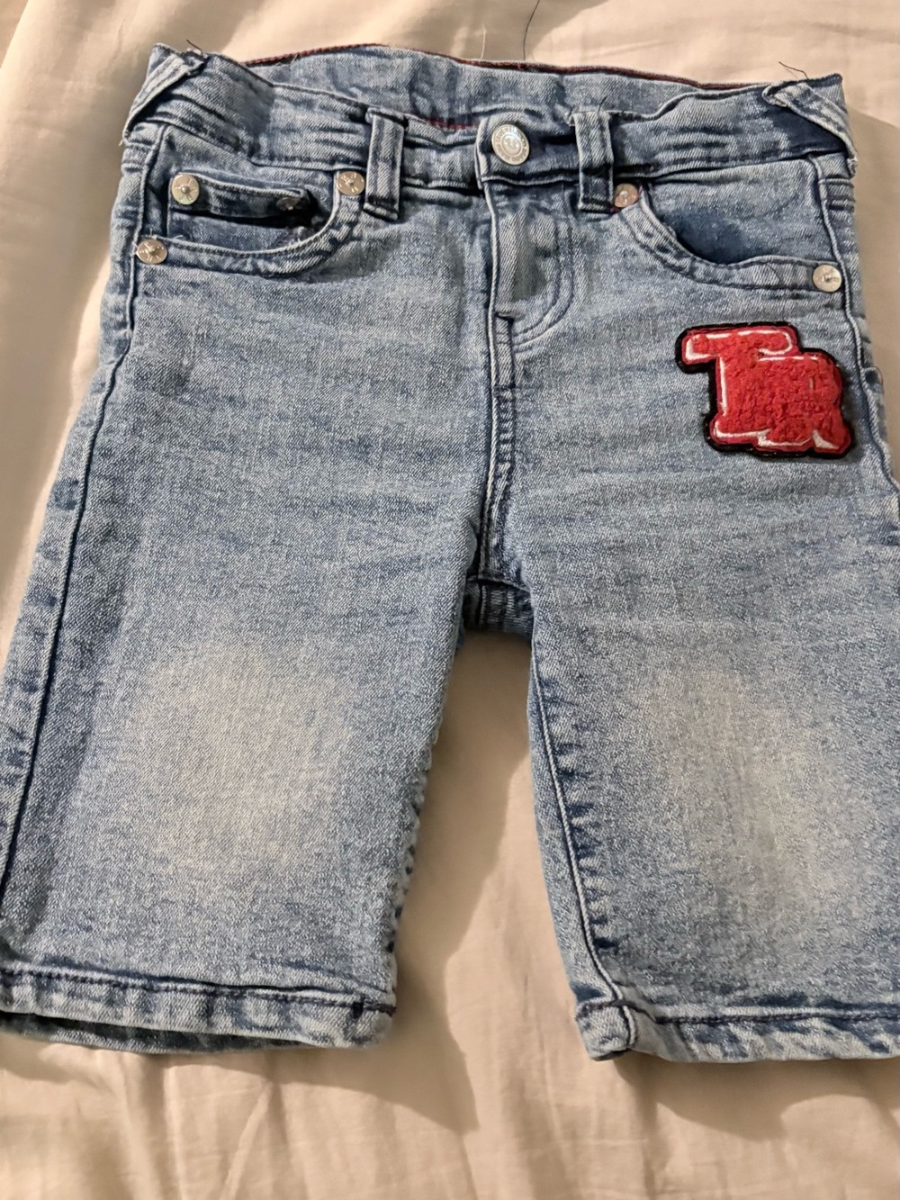 True Religion Light Wash Denim Shorts with Red Topstitch